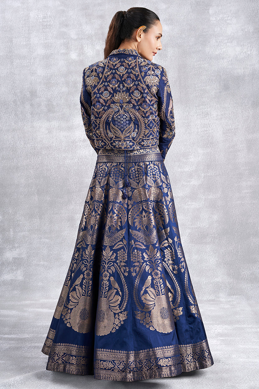 Navy Blue Banarasi Crop Top Skirt Set With Jacket