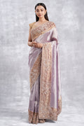 Lavender Ziraf Tissue Saree With Hand Zardosi Work & Pearl Detailing