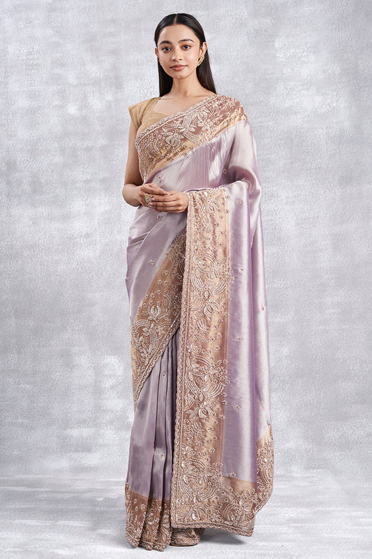 Lavender Ziraf Tissue Saree With Hand Zardosi Work & Pearl Detailing