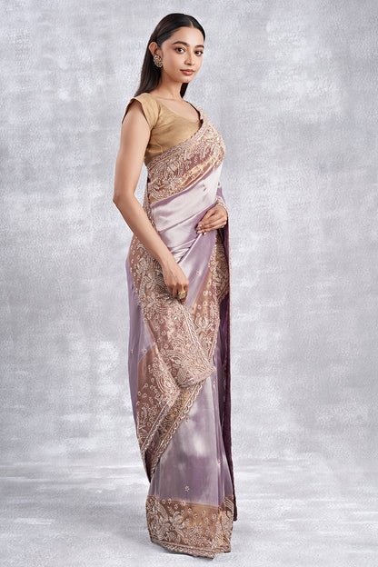 Lavender Ziraf Tissue Saree With Hand Zardosi Work & Pearl Detailing