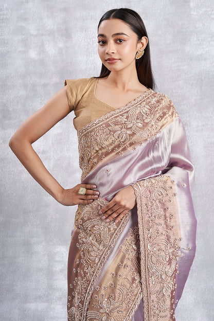 Lavender Ziraf Tissue Saree With Hand Zardosi Work & Pearl Detailing
