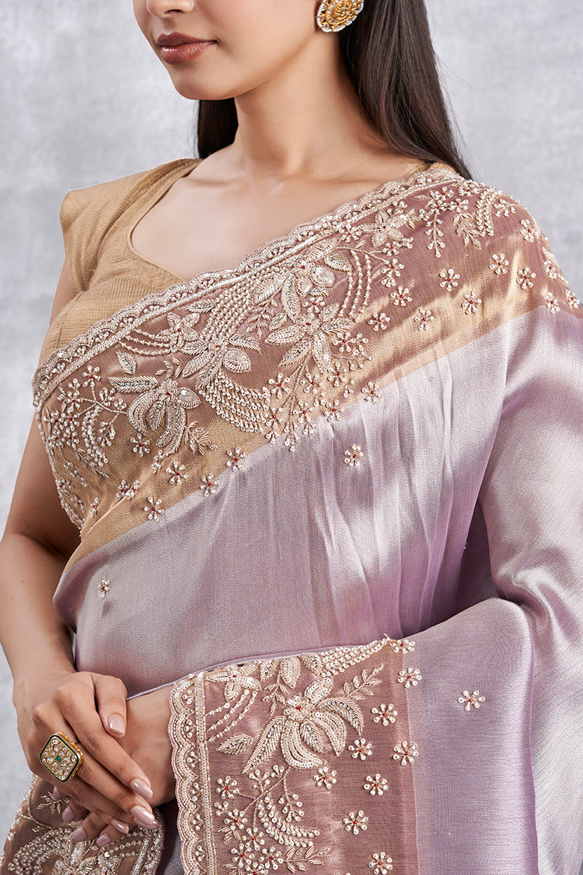 Lavender Ziraf Tissue Saree With Hand Zardosi Work & Pearl Detailing
