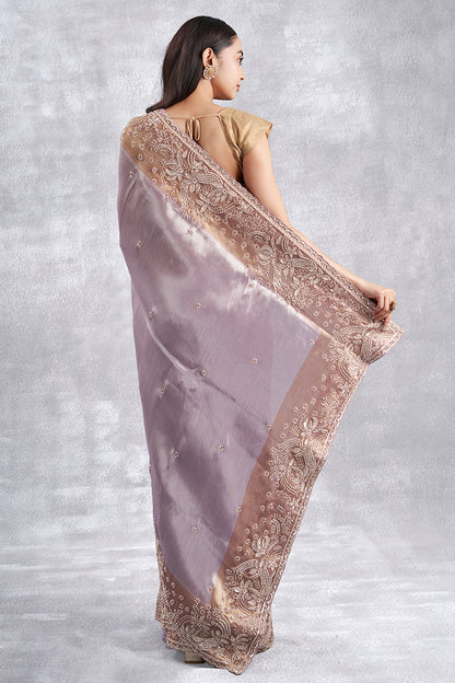 Lavender Ziraf Tissue Saree With Hand Zardosi Work & Pearl Detailing