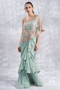 Aqua Indowestern Drape Gown With Attached Cape