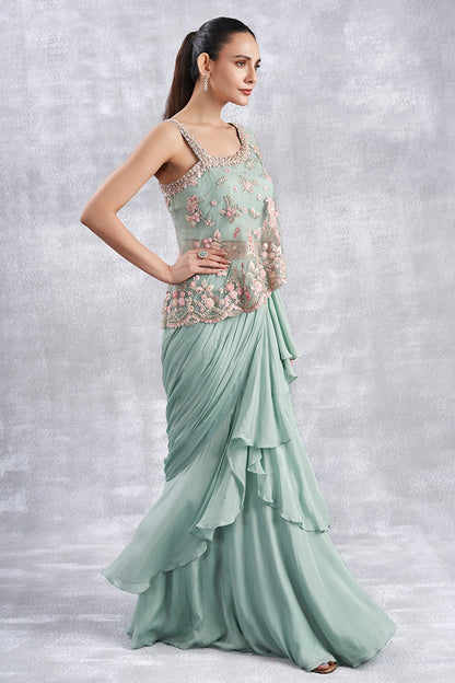 Aqua Indowestern Drape Gown With Attached Cape