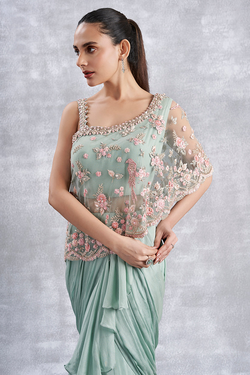 Aqua Indowestern Drape Gown With Attached Cape