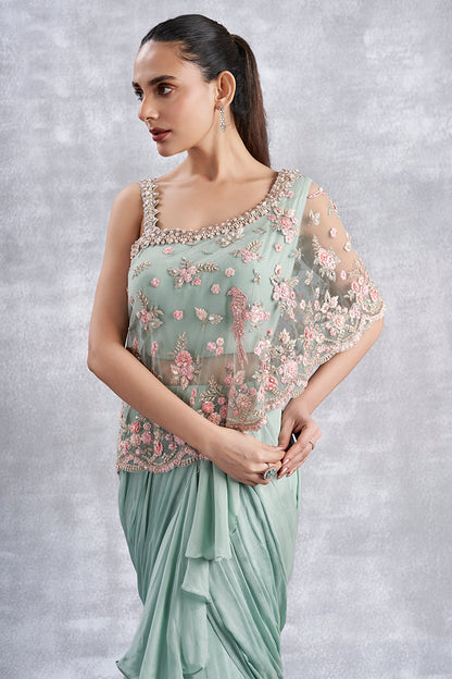 Aqua Indowestern Drape Gown With Attached Cape
