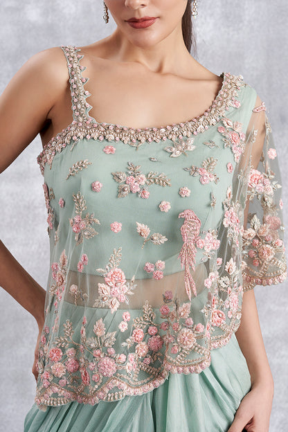 Aqua Indowestern Drape Gown With Attached Cape