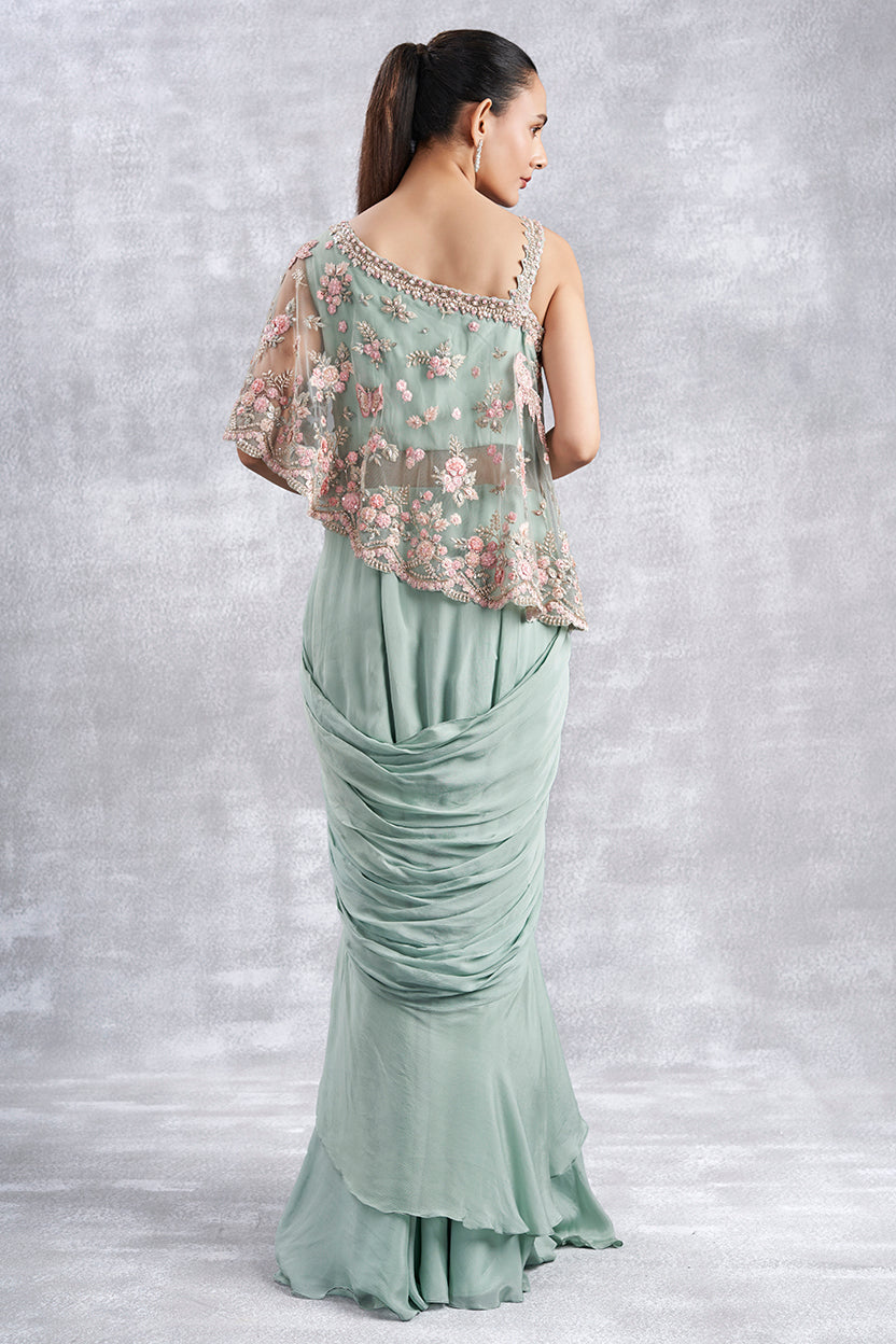 Aqua Indowestern Drape Gown With Attached Cape