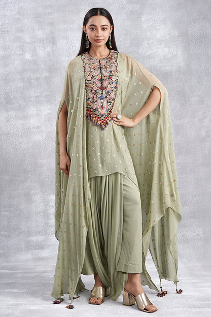 Pista Green Indowestern Set With Cape