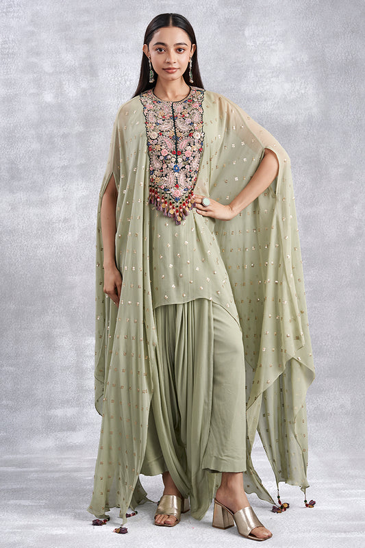 Pista Green Indowestern Set With Cape