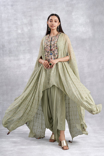 Pista Green Indowestern Set With Cape