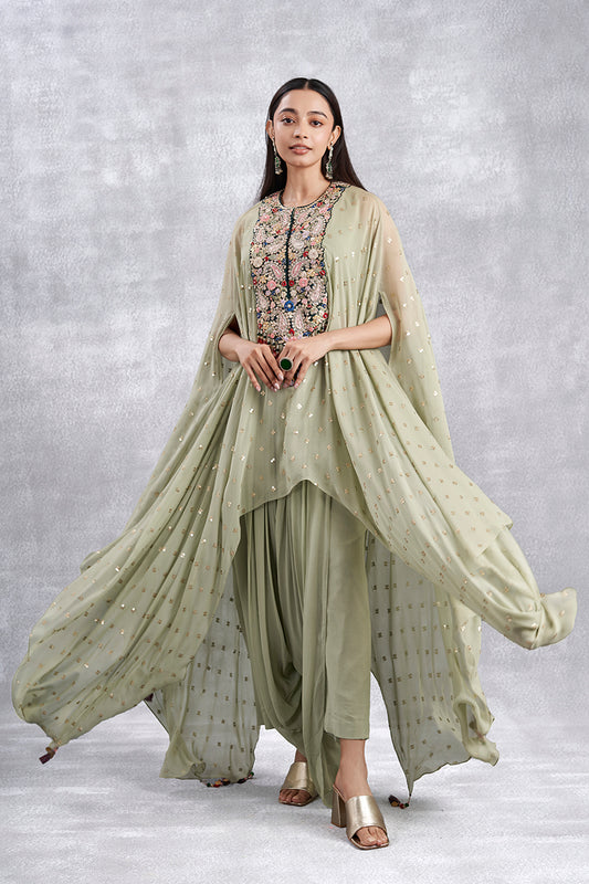 Pista Green Indowestern Set With Cape