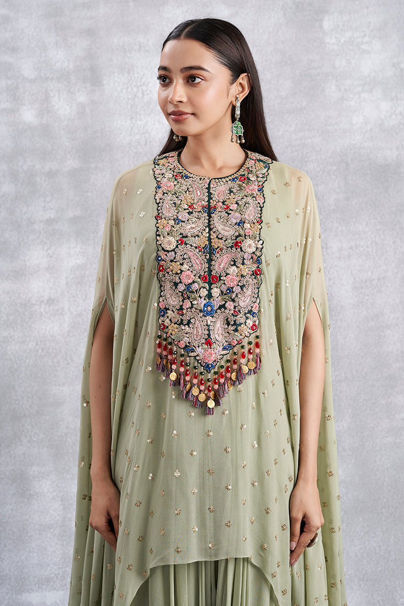 Pista Green Indowestern Set With Cape
