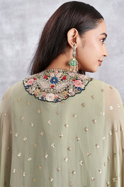 Pista Green Indowestern Set With Cape