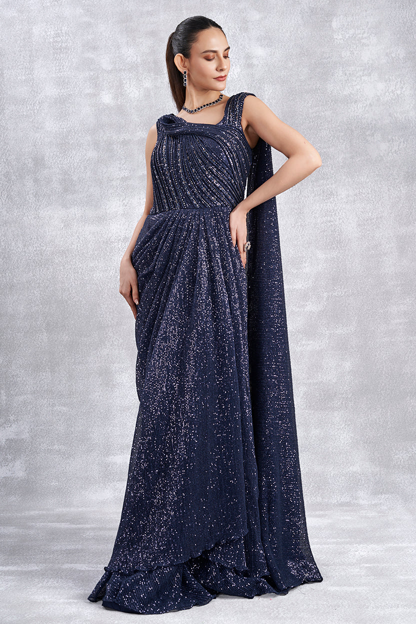 Navy Blue Sequins Cocktail Gown