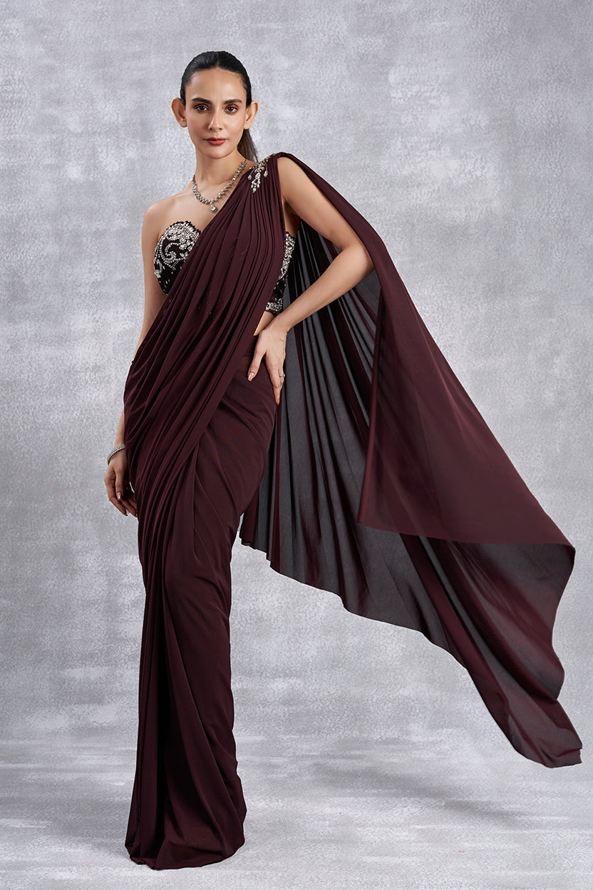 Wine Corset Drape Saree