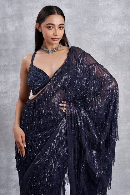 Navy Blue Sequin Drape Saree