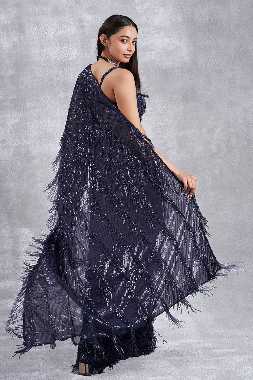 Navy Blue Sequin Drape Saree
