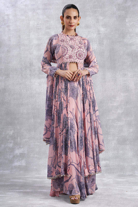 Rose Pink Indowestern Set With Dupatta