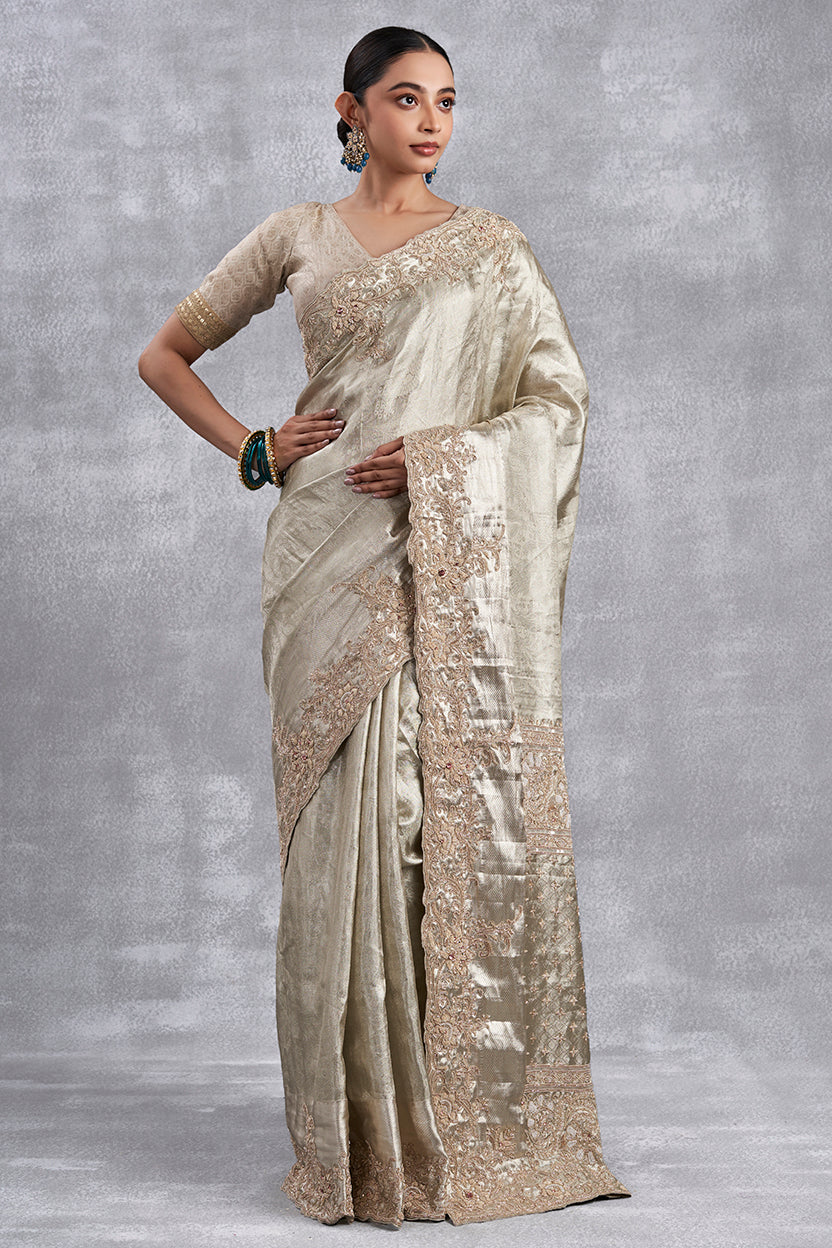 Silver Kanjeevaram Silk Saree With Zardosi Work