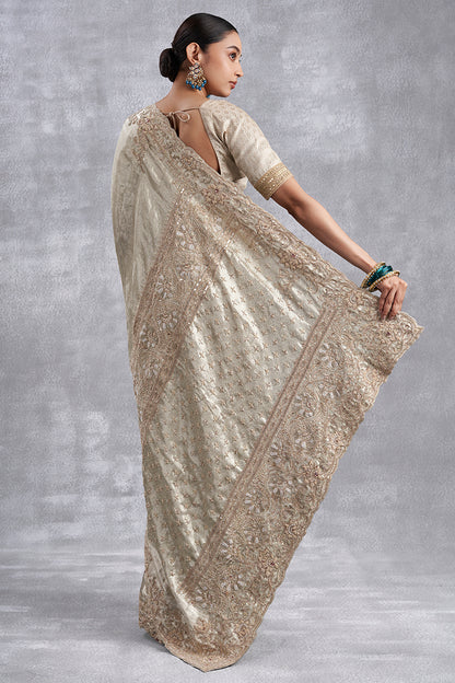 Silver Kanjeevaram Silk Saree With Zardosi Work