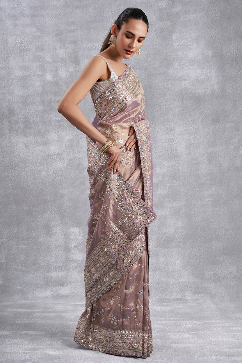 Onion Pink Tissue Saree With Gota & Zardosi Work