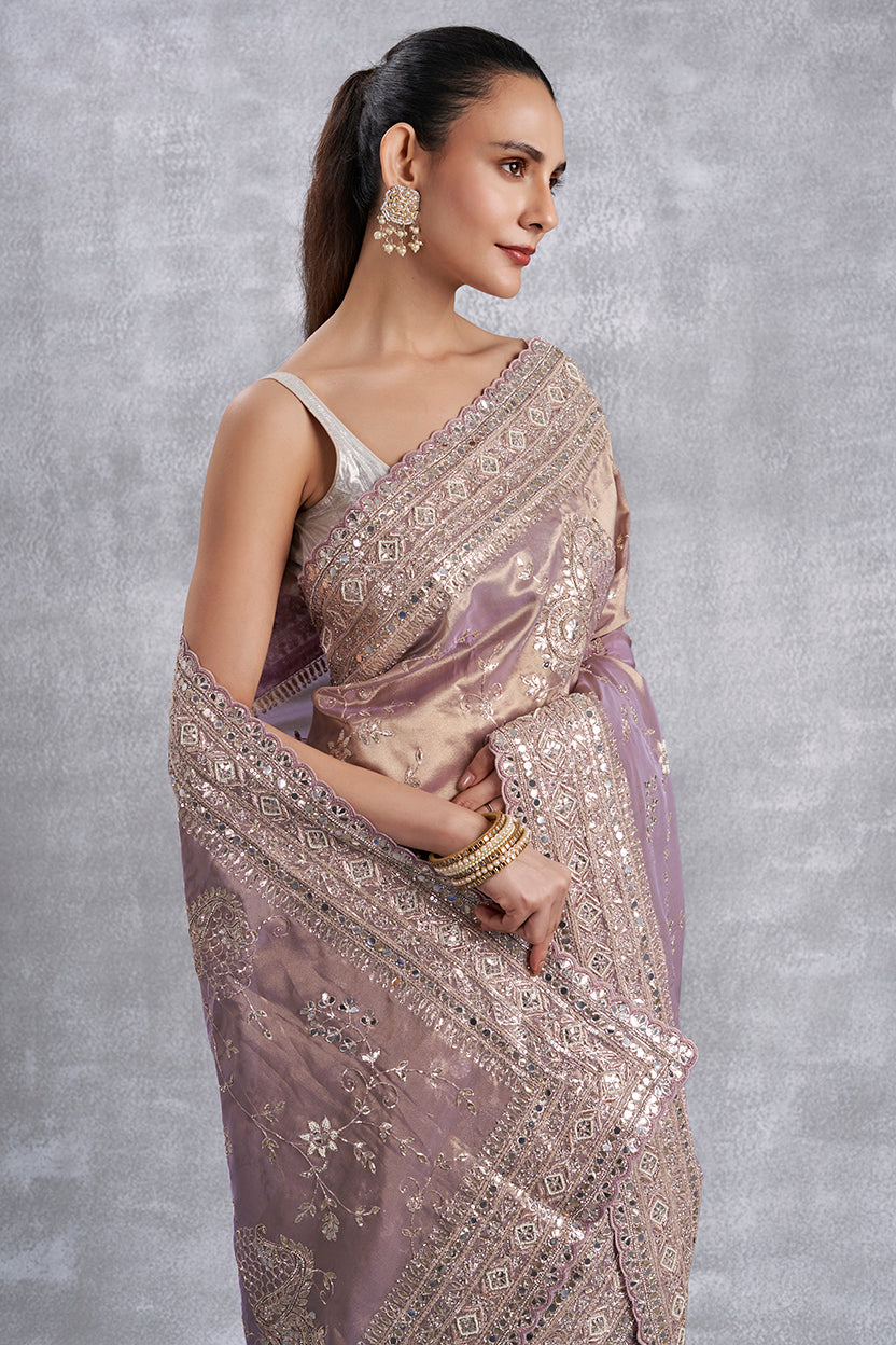 Onion Pink Tissue Saree With Gota & Zardosi Work