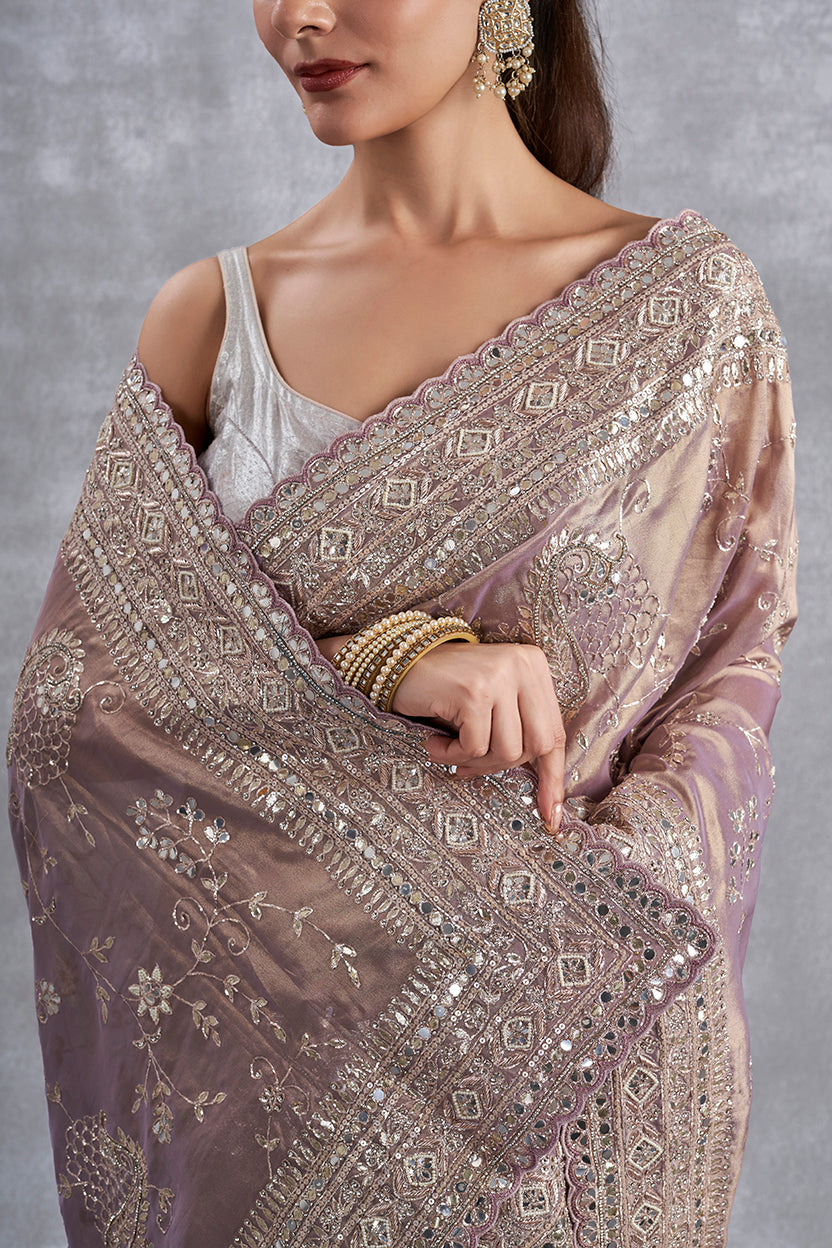 Onion Pink Tissue Saree With Gota & Zardosi Work