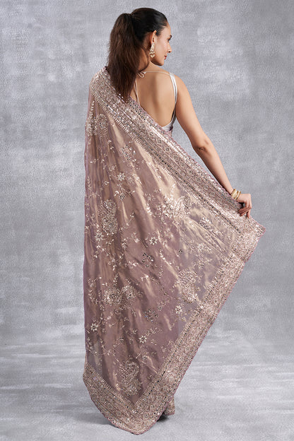 Onion Pink Tissue Saree With Gota & Zardosi Work