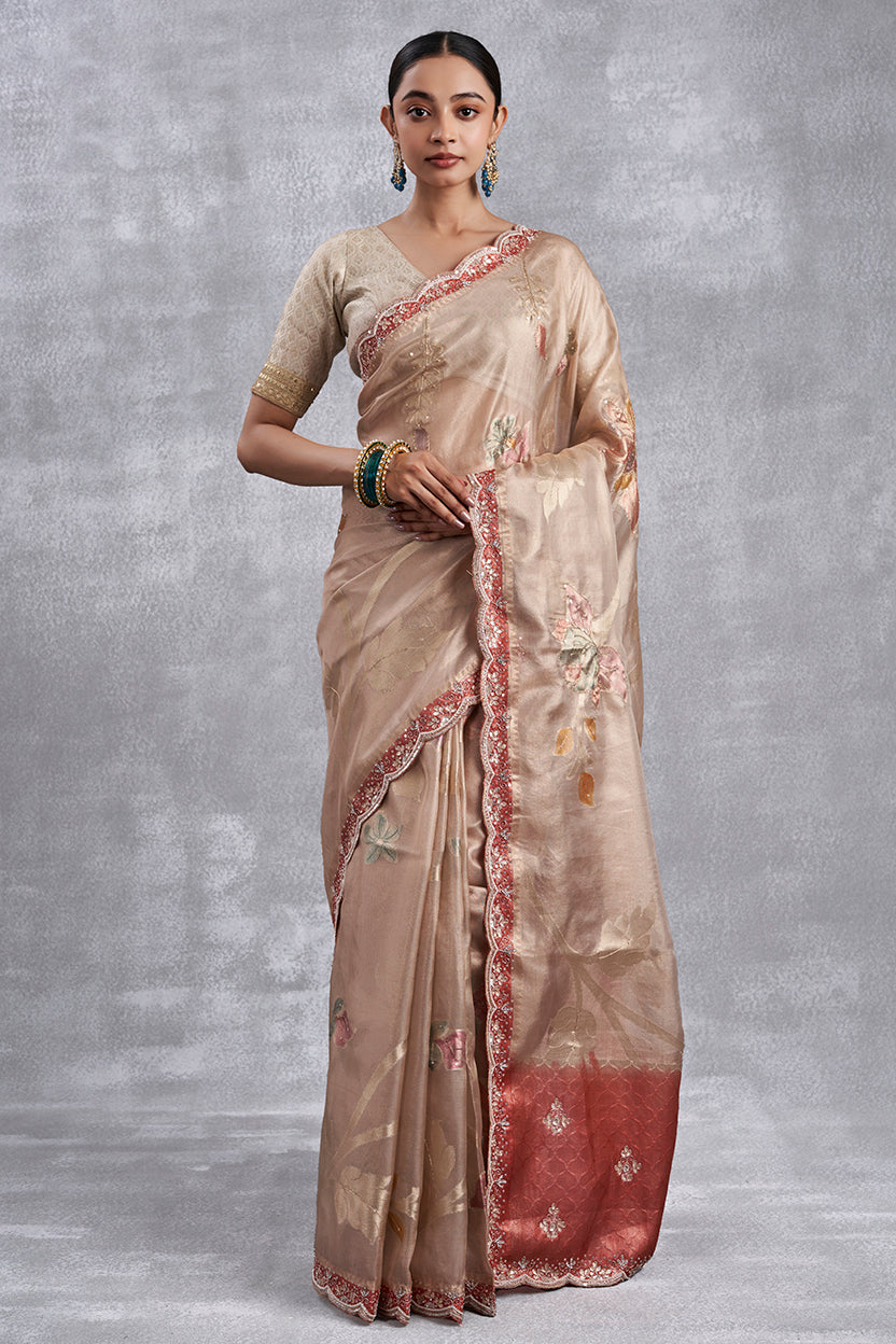 Golden Hand Painted Rust Organza Tissue Saree with Gota & Zardosi Work