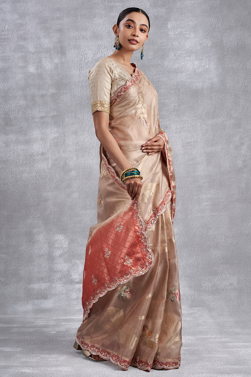 Golden Hand Painted Rust Organza Tissue Saree with Gota & Zardosi Work