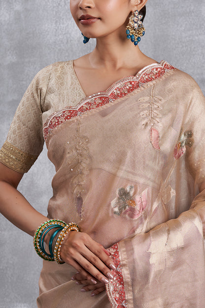 Golden Hand Painted Rust Organza Tissue Saree with Gota & Zardosi Work