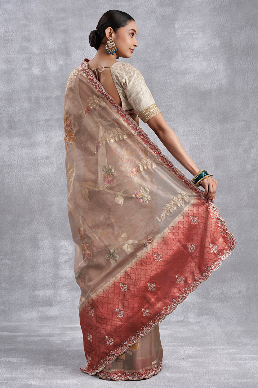 Golden Hand Painted Rust Organza Tissue Saree with Gota & Zardosi Work