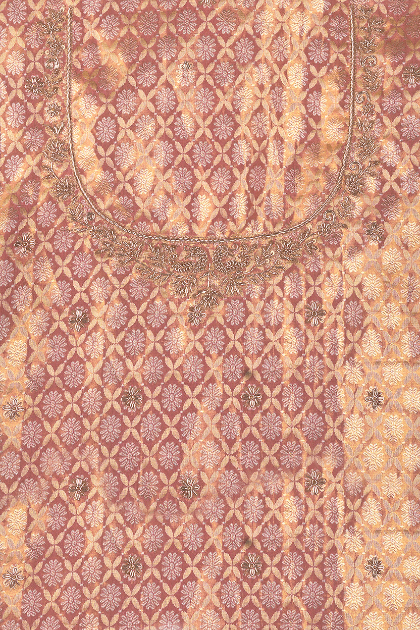 Antique Rose Gold Kanjeevaram Saree With Hand Zardosi Work