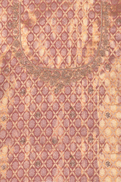 Antique Rose Gold Kanjeevaram Saree With Hand Zardosi Work