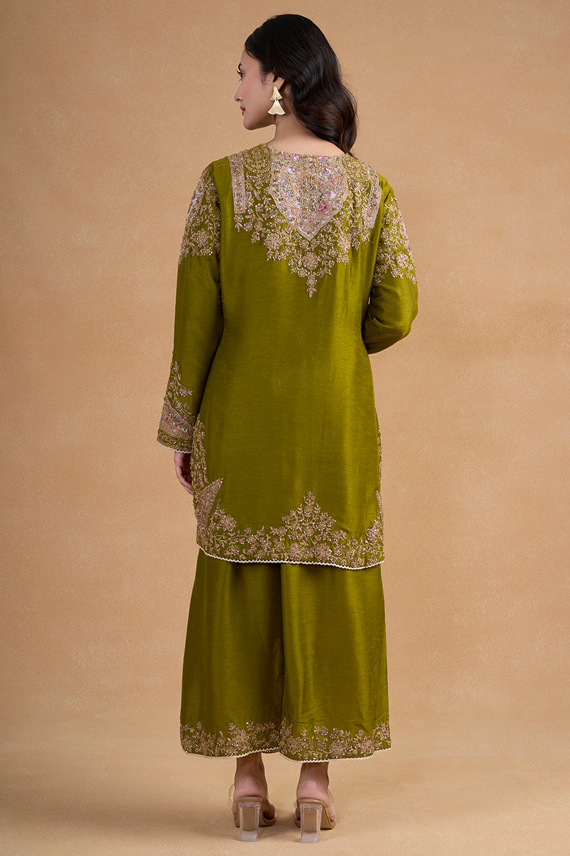 Rich Olive Green Toned Silk Kurta Paired With Coordinating Wide Leg Pants