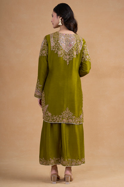 Rich Olive Green Toned Silk Kurta Paired With Coordinating Wide Leg Pants