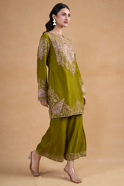 Rich Olive Green Toned Silk Kurta Paired With Coordinating Wide Leg Pants