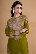 Rich Olive Green Toned Silk Kurta Paired With Coordinating Wide Leg Pants