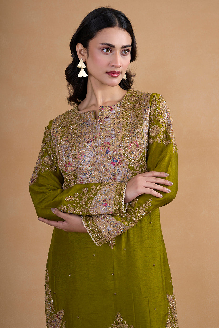 Rich Olive Green Toned Silk Kurta Paired With Coordinating Wide Leg Pants