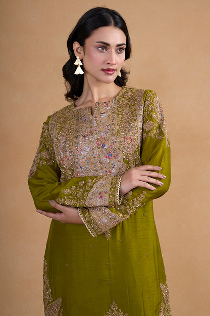 Rich Olive Green Toned Silk Kurta Paired With Coordinating Wide Leg Pants