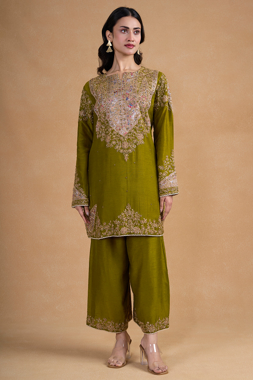Rich Olive Green Toned Silk Kurta Paired With Coordinating Wide Leg Pants
