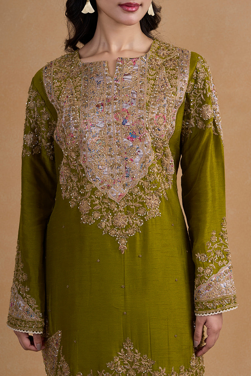 Rich Olive Green Toned Silk Kurta Paired With Coordinating Wide Leg Pants