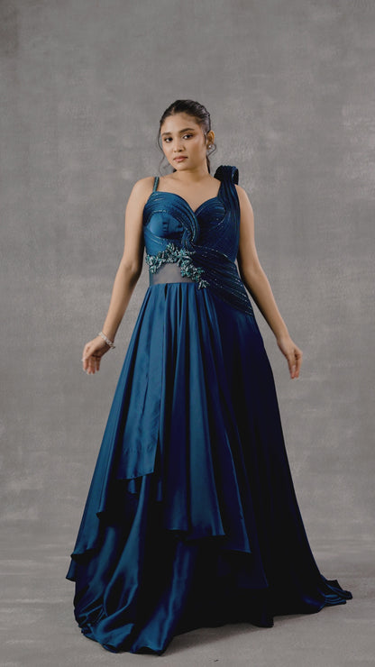 Teal Blue Satin Silk Cocktail Gown