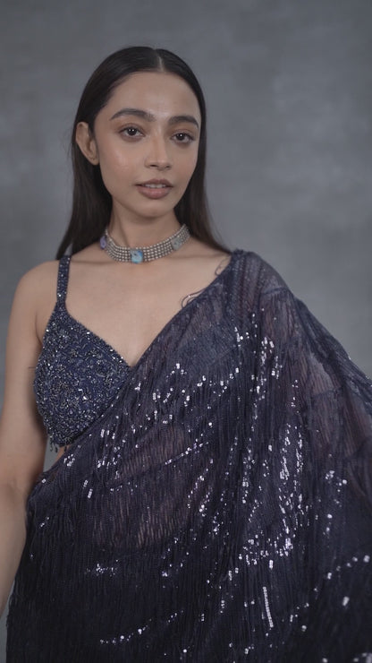 Navy Blue Sequin Drape Saree