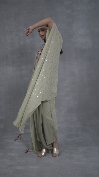 Pista Green Indowestern Set With Cape