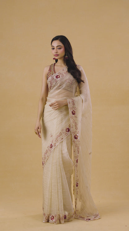 Golden Crushed Tissue Saree With Scallop Border