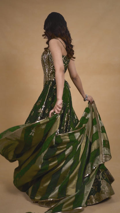 Green Corset Lehenga Set With Pearl Detailing And Handwork