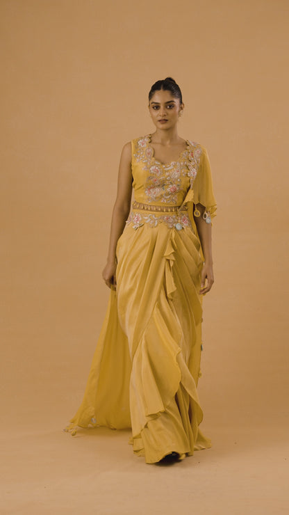 Yellow Tissue Indowestern Drape Set